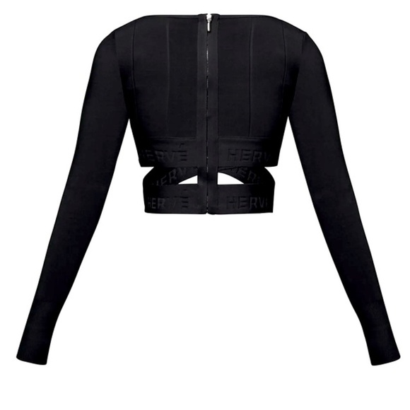 NWT HERVE LEGER BLACK LONG SLEEVE BANDAGE BODYCON CROP TOP EMBROID… - Picture 2 of 12